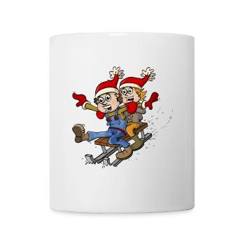 Two children have fun on a sled. - Mug - white - Front