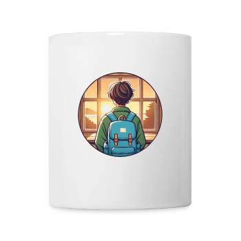 Étudiant au coucher du soleil avec badge de sac à dos - Mug blanc - blanc - Devant