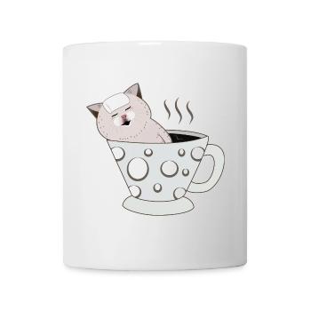Kätzchen, das sich in einer dampfenden Polkadot-Teetasse entspannt - Tasse - Weiß - Vorne