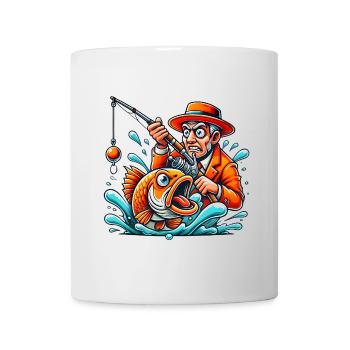 Lustiger Fischer und wütender Fisch Karikatur - Tasse - Weiß - Vorne