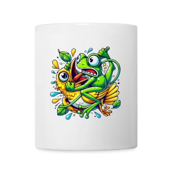 Funny Frog Clinging to Bird Cartoon - Mug - white - Front