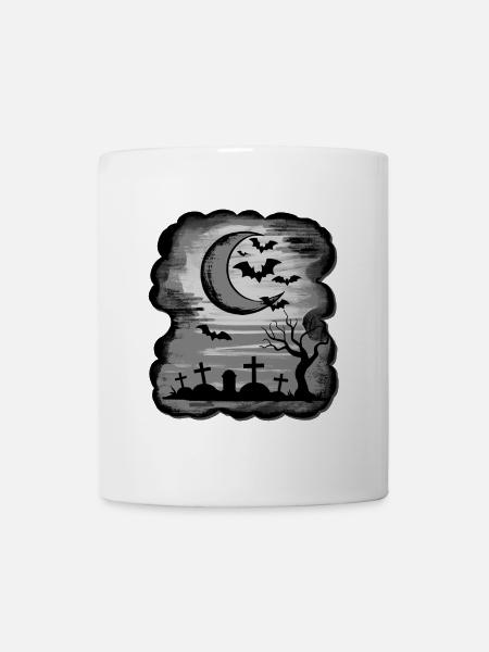 monochrom Mondnacht über Gräber – Fledermaus-Szene - Tasse - Weiß