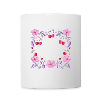 Floral wreath of cherry blossoms, hearts, cherries - Mug - white - Front