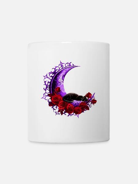 Mondsichel motiv mit Rosen und Katze - Tasse - Weiß