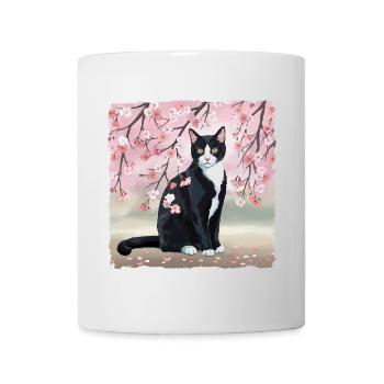 Cherry Blossom Cat: Pink Sakura Flowers, Black Cat - Mug - white - Front