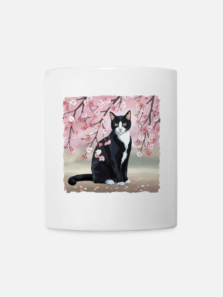 Kirschblüten-Katze: Rosa-Blüten, Schwarze Katze - Tasse - Weiß