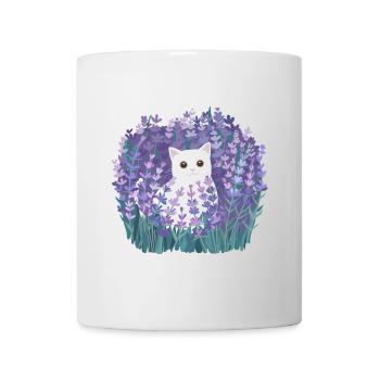 Cute White Cat Among Lavender Flowers, Cottagecore - Mug - white - Front