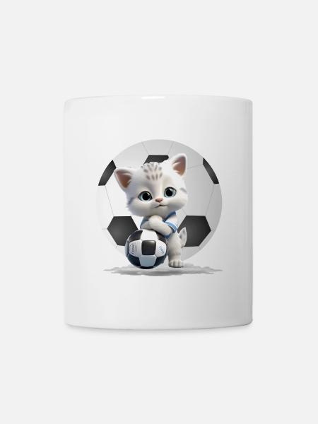 Kätzchen-Maskottchen mit Fußball - Tasse - Weiß