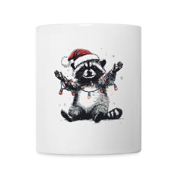 Waschbär mit Weihnachtsmütze und Lichterkette - Tasse - Weiß - Vorne