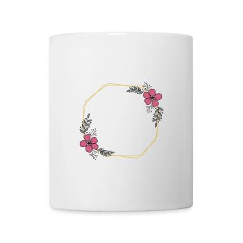 Goldgelbes Achteck - rote Blumen & grüne Blätter - Tasse - Weiß - Vorne
