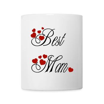 Best Mom, calligraphique avec des cœurs rouge - Mug blanc - blanc - Devant