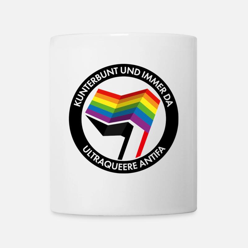 Kunterbunt und immer da – Ultraqueere Antifa - Tasse - Weiß