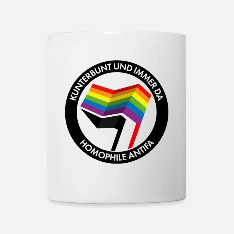 Kunterbunt und immer da – homophile Antifa - Tasse - Weiß