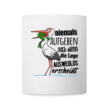 Frosch und Storch - Niemals Aufgeben - Spruch - Tasse - Weiß - Vorne