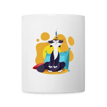 Cat Sniffing a Sardine Colorful Comic Comic Cartoon - Mug - white - Front