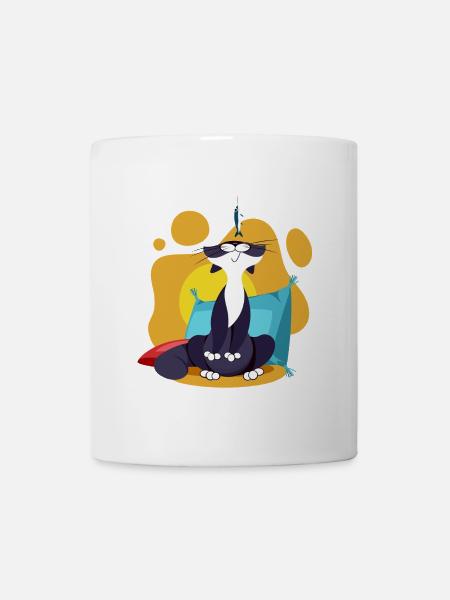 Chat reniflant une sardine cartoon comique coloré - Mug blanc - blanc