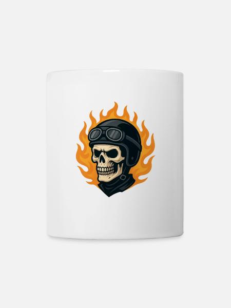 Crâne biker stylisé casque et flammes - Mug blanc - blanc