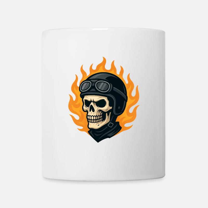 Crâne biker stylisé casque et flammes - Mug blanc - blanc
