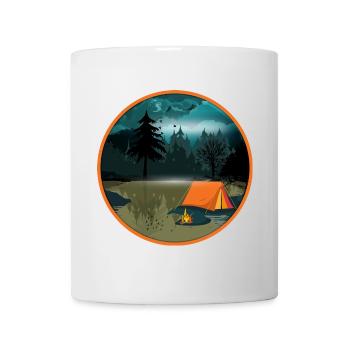 Nachtcamping im Wald mit Lagerfeuer und Zelt - Tasse - Weiß - Vorne