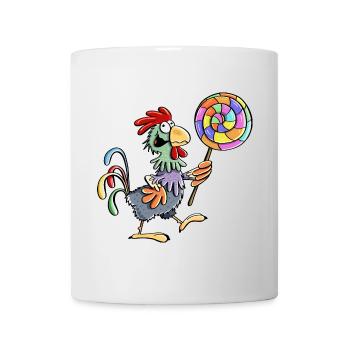 Huhn mit Lolli - Hahn - Henne - Lutscher - Essen - Tasse - Weiß - Vorne