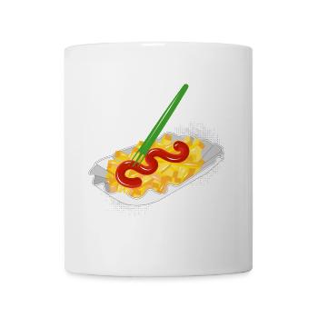 French fries with ketchup in a cardboard bowl and fork - Mug - white - Front