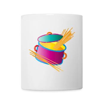 knallig bunter Kochtopf mit Deckel und Spaghetti - Tasse - Weiß - Vorne