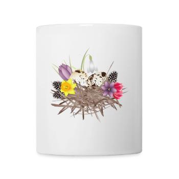 Nid de printemps avec des œufs, des plumes et des fleurs de printemps - Mug blanc - blanc - Devant