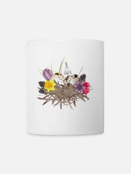 Frühlings Nest mit Eier,Federn und Frühlingsblüten - Tasse - Weiß