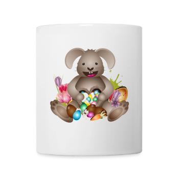 lachender Osterhase mit Osternest voller Ostereier - Tasse - Weiß - Vorne
