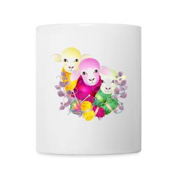 Trois moutons colorés avec des pelotes de laine et des aiguilles à tricoter - Mug blanc - blanc - Devant