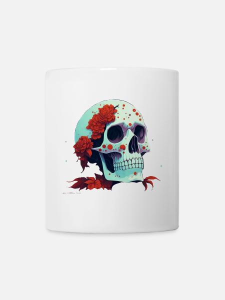Schädel mit roten Blumen - Tasse - Weiß