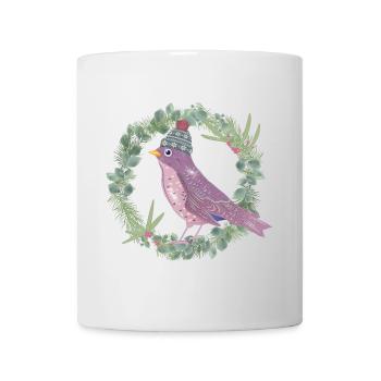 Vogel mit Misteln & Eukalyptus in Winter Stimmung - Tasse - Weiß - Vorne