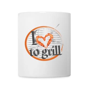A grill with heart-shaped cutlery and prawns - Mug - white - Front