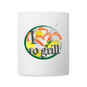 A barbecue with lemons and prawns in the shape of a heart - Mug - white - Front