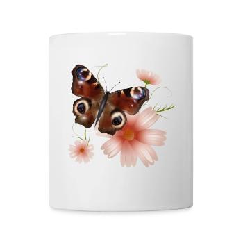 Papillon paon oeil avec des fleurs roses - Mug blanc - blanc - Devant