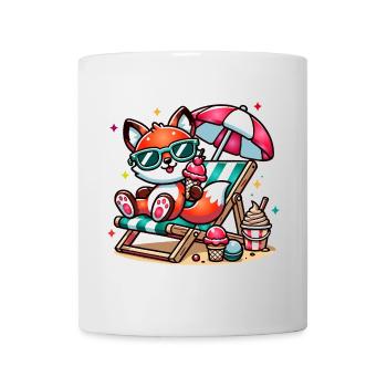 Cheerful cartoon fox on the beach on a lounger - Mug - white - Front