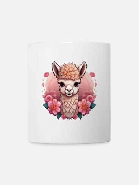 Süßes Alpaka mit Blumen - Tasse - Weiß
