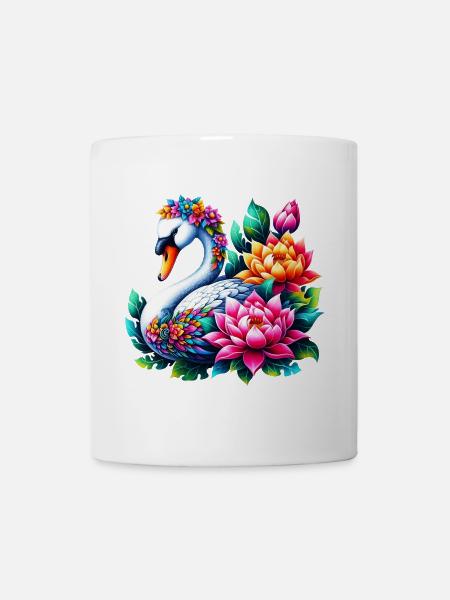 Schwan verziert mit Lotusblüten - Tasse - Weiß