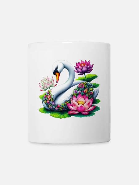 Schwan verziert mit Lotusblüten - Tasse - Weiß