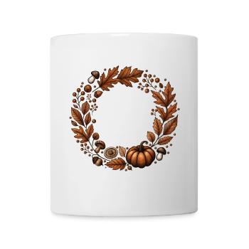 warmer Herbstkranz mit Blättern, Pilzen und Kürbis - Tasse - Weiß - Vorne