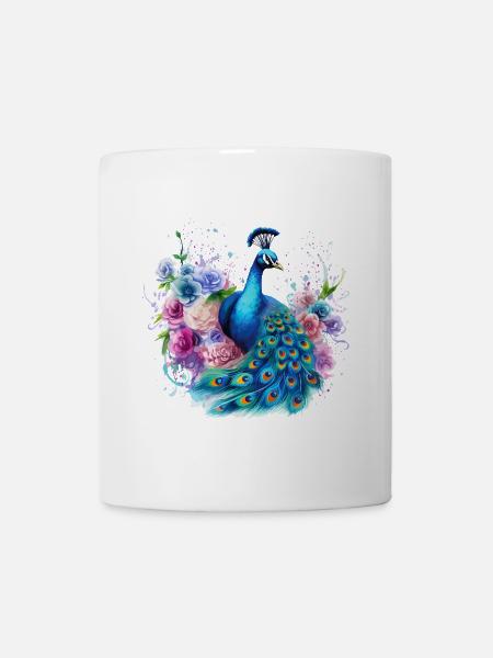 Pfau Pfauenfeder Blumen Bunt Farbenfroh Kunst - Tasse - Weiß