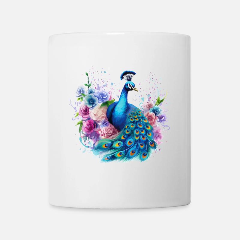 Pfau Pfauenfeder Blumen Bunt Farbenfroh Kunst - Tasse - Weiß