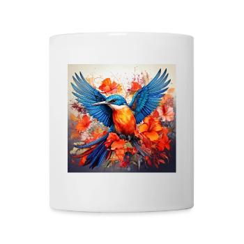 Kingfisher, hummingbird, hibiscus, flowers, colorful, painting - Mug - white - Front