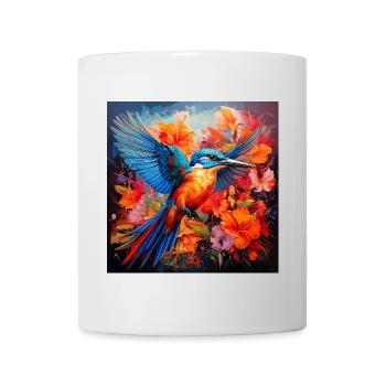 Kingfisher, hummingbird, hibiscus, flowers, colorful, painting - Mug - white - Front