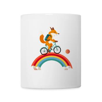 Fröhlicher Fuchs auf Fahrrad über Regenbogen - Tasse - Weiß - Vorne