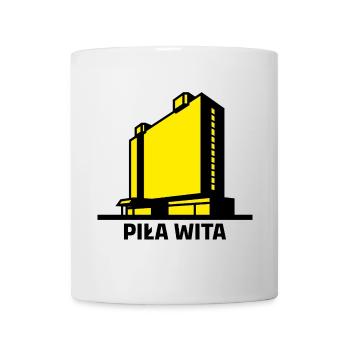 Saw vous souhaite la bienvenue. La ville de Piła et le bâtiment de l’hôtel Gromada - Mug blanc - blanc - Devant