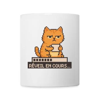Réveil en cours – Chat pixel Humour Café - Mug blanc - blanc - Devant