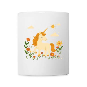 Einhorn auf Blumenwiese –Fröhliche Szene mit Sonne - Tasse - Weiß - Vorne