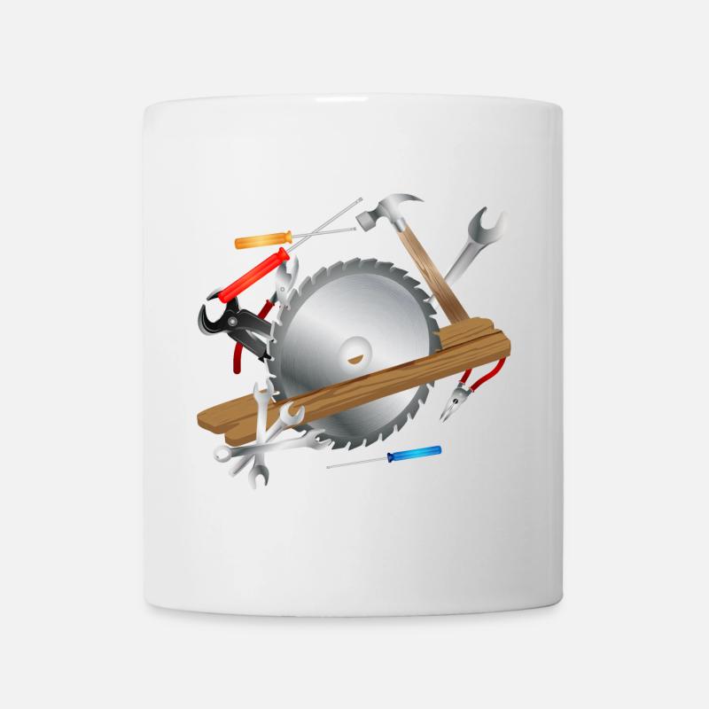Lame de scie circulaire avec planche de bois et outils - Mug blanc - blanc