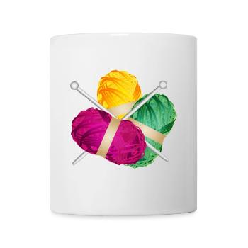 three colorful balls of wool with knitting needles - Mug - white - Front